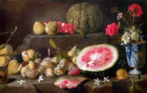 Still Life with Fruit and a Vase of Flowers by Giovanni Battista Ruoppolo - Oil Painting Reproduction