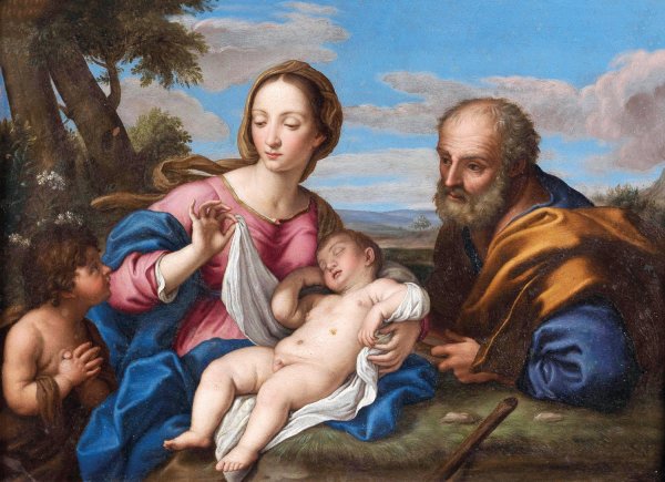 The Holy Family with the Infant Saint John the Baptist by Giovanni Battista Salvi Da Sassoferrato - Hand-Painted Oil Painting Reproduction