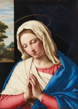 The Madonna at prayer, a landscape beyond by Giovanni Battista Salvi Da Sassoferrato Oil Painting