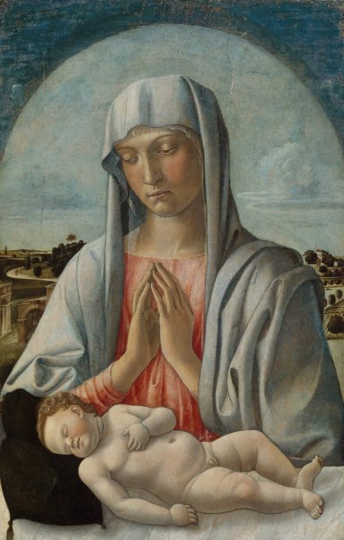 Main Product Photo of Madonna Adoring the Sleeping Child  Painting by Giovanni Bellini