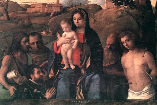 Main Product Photo of Madonna and Child with Four Saints and Donator Painting by Giovanni Bellini