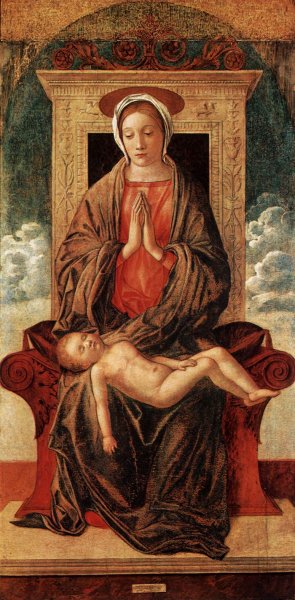 Main Product Photo of Madonna Enthroned Adoring the Sleeping Child Painting by Giovanni Bellini