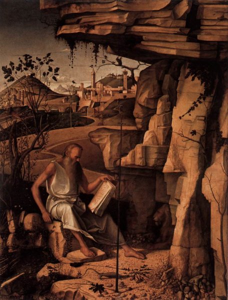 Main Product Photo of St Jerome Reading in the Countryside Painting by Giovanni Bellini