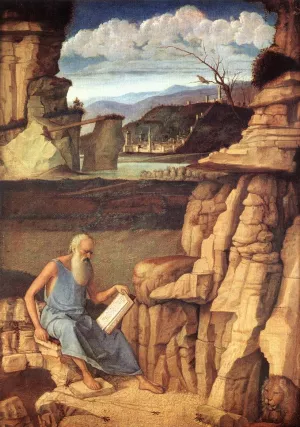 St. Jerome Reading in the Countryside by Giovanni Bellini - Oil Painting Reproduction