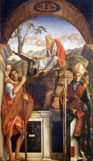 Sts Christopher, Jerome and Ludwig of Toulouse painting by Giovanni Bellini