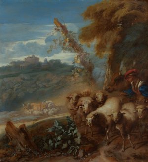 Roman Landscape with a Shepherd and Sheep by Giovanni Benedetto Castiglione Oil Painting