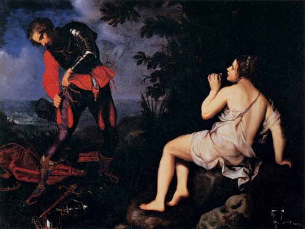 Angelica Hides from Ruggiero by Giovanni Bilivert - Hand-Painted Oil Painting Reproduction