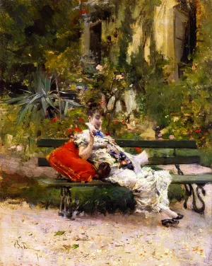 Berthe Sewing in the Garden by Giovanni Boldini - Oil Painting Reproduction