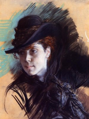 Girl in a Black Hat Oil painting by Giovanni Boldini