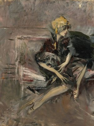 Lady In A Yellow Hat With Her Dog by Giovanni Boldini Oil Painting