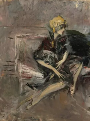Lady In A Yellow Hat With Her Dog by Giovanni Boldini Oil Painting