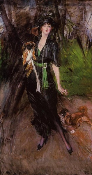 Main Product Photo of Portrait of a Lady, Lina Bilitis, with Two Pekinese Painting by Giovanni Boldini