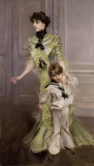 Portrait of Madame Georges Hugo nee Pauleen Menard-Dozian and Her Son, Jean by Giovanni Boldini - Oil Painting Reproduction