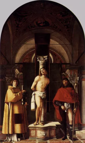 St Sebastian with St Roch and St Lawrence painting by Giovanni Buonconsiglio