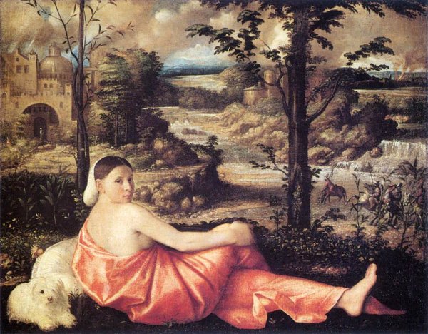 Reclining Woman in a Landscape by Giovanni Cariani - Hand-Painted Oil Painting Reproduction