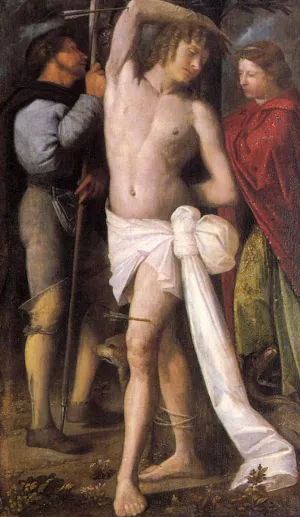 St Sebastian between St Roch and St Margaret by Giovanni Cariani - Oil Painting Reproduction