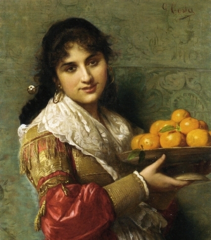 A Young Italian Beauty with a Plate of Oranges by Giovanni Costa - Hand-Painted Oil Painting Reproduction