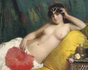 An Odalisque With A Red Fan by Giovanni Costa Oil Painting