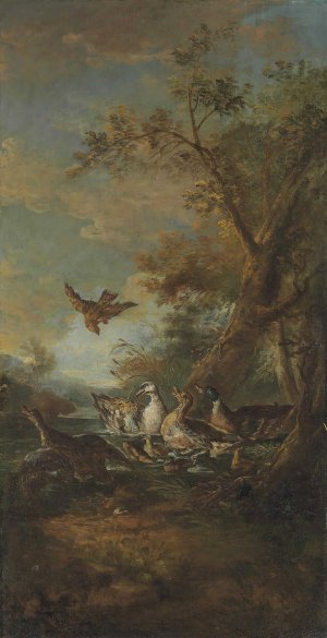 A Bird Of Prey, Ducks And Ducklings In A Landscape by Giovanni Crivelli Oil Painting