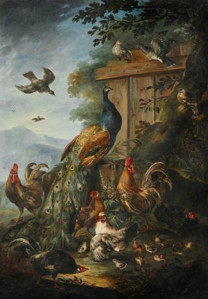 A peacock, cocks, hens and other birds, with a landscape beyond by Giovanni Crivelli Oil Painting