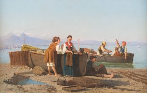 Fisherfolk in the bay of Naples by Giovanni Della Rocca Oil Painting
