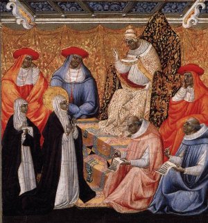 St Catherine before the Pope at Avignon Oil painting by Giovanni Di Paolo