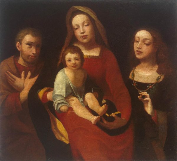 Main Product Photo of Madonna and Child with Sts Francis and Catherine Painting by Giovanni Francesco Caroto