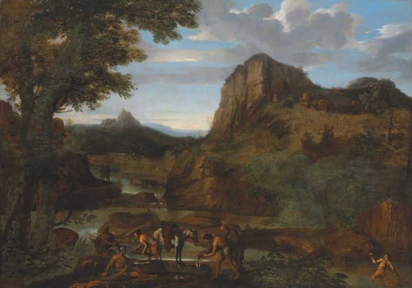 Main Product Photo of A rocky river landscape with fishermen Painting by Giovanni Francesco Grimaldi