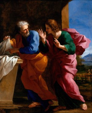 St. John and St. Peter at Christ's Tomb by Giovanni Francesco Romanelli Oil Painting