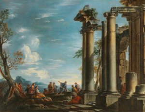A coastal landscape with figures by a classical ruin by Giovanni Ghisolfi Oil Painting