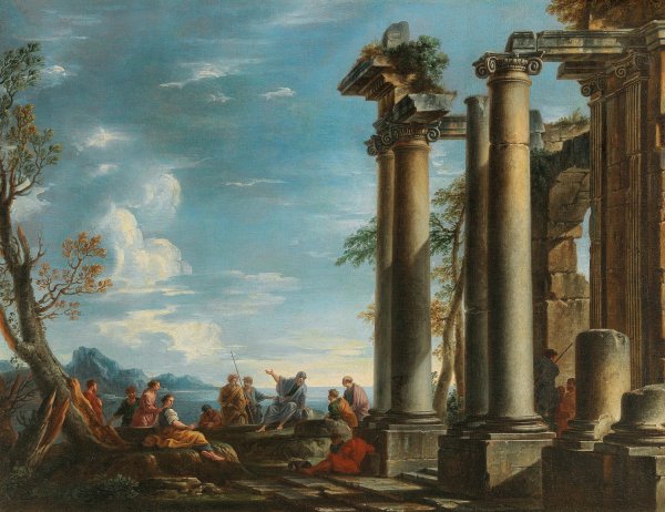 Main Product Photo of A coastal landscape with figures by a classical ruin Painting by Giovanni Ghisolfi