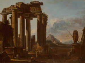A ruined classical temple of the Tuscan order with figures by Giovanni Ghisolfi Oil Painting
