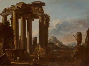 A ruined classical temple of the Tuscan order with figures by Giovanni Ghisolfi A ruined classical temple of the Tuscan order with figures Oil painting by Giovanni Ghisolfi