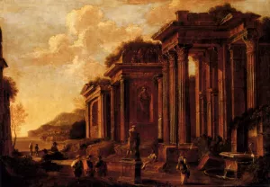 An Architectural Capriccio with Figures Amongst Ruins by Giovanni Ghisolfi Oil Painting