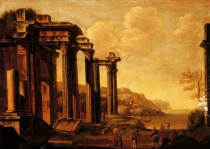 An Architectural Capriccio with Figures by a Cove by Giovanni Ghisolfi Oil Painting