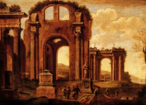 An Architectural Capriccio with Figures by a Statue and a Fountain