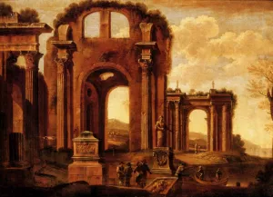 An Architectural Capriccio with Figures by a Statue and a Fountain by Giovanni Ghisolfi Oil Painting
