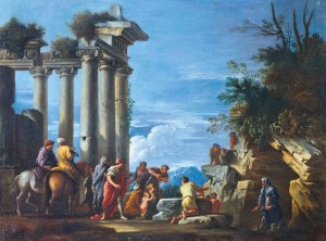 Figures by a ruined temple with Pythagoras appearing from the cavern by Giovanni Ghisolfi Oil Painting