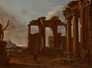 Two classical temples in ruins with statue, bas-relief and figures Oil painting by Giovanni Ghisolfi