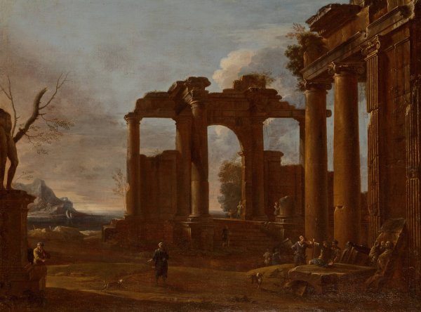 Main Product Photo of Two classical temples in ruins with statue, bas-relief and figures  Painting by Giovanni Ghisolfi