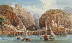 Fishing at Atrani on the Amalfi coast by Giovanni Giordano Lanza Oil Painting