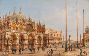 A View Of St Mark's Basilica And A View Of St Mark's Square by Giovanni Grubacs Oil Painting