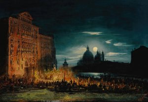 Nocturnal Venetian scene on the Feast of the Redentore by Giovanni Grubacs Oil Painting
