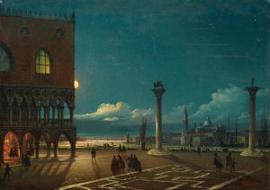 Piazza San Marco By Moonlight, Venice by Giovanni Grubacs Oil Painting
