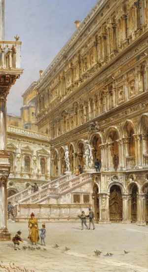 The Giants' Staircase In The Courtyard Of The Doge's Palace by Giovanni Grubacs Oil Painting