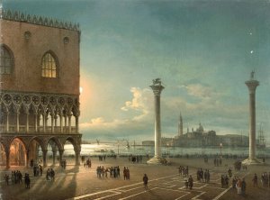 The Piazzetta di San Marco in moonlight, Venice by Giovanni Grubacs Oil Painting