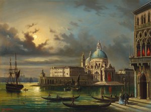 The Punta della Dogana and Santa Maria della Salute, Venice in moonlight by Giovanni Grubacs Oil Painting