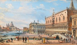 Venice, a view of Palazzo Ducale, and Santa Maria della Salute by Giovanni Grubacs Oil Painting