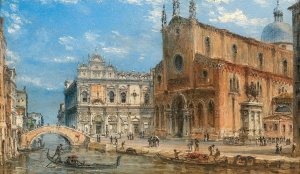 Venice, a view of San Zanipolo with the Colleoni equestrian monument by Giovanni Grubacs Oil Painting