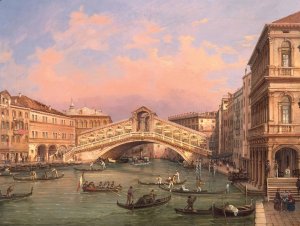 Venice, A View Of The Rialto Bridge by Giovanni Grubacs Oil Painting